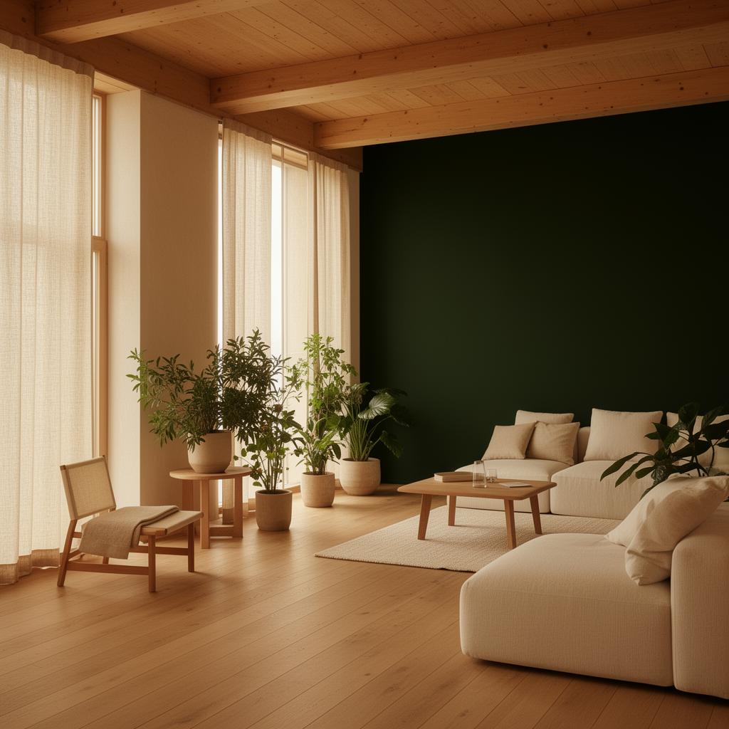 Interior cálido y minimalista en tonos verde bosque y lino