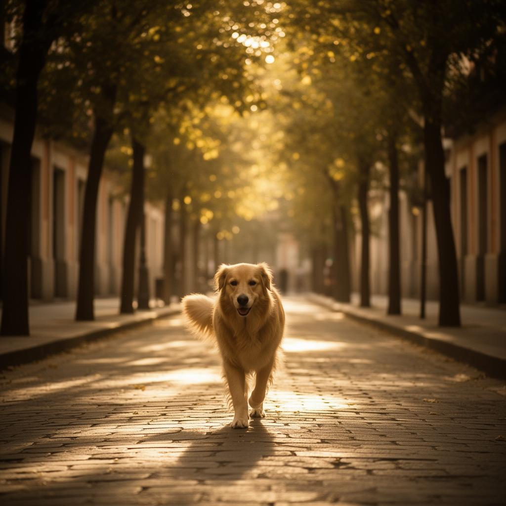 Perro caminando por una calle arbolada de Madrid al atardecer